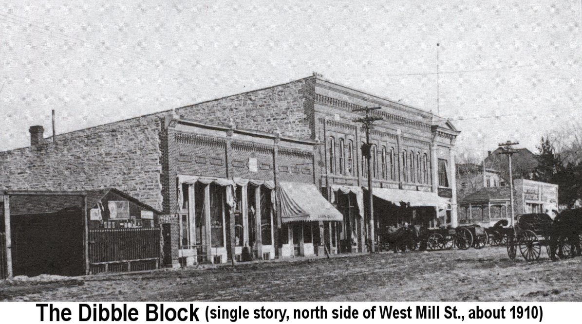 IMAGE/PHOTO: The Dibble Block: Black and white photograph from about 1910 of store buildings along the north side Mill St. W. in Cannon Falls, including the three-bay, one-story Dibble Block with fabric awnings, two folded back and one extended over the sidewalk, and, to its east, the two-story Eckloff & Hawkins and Peters buildings, also with awnings. Horses and wagons stand in the muddy street in front of the farther buildings.